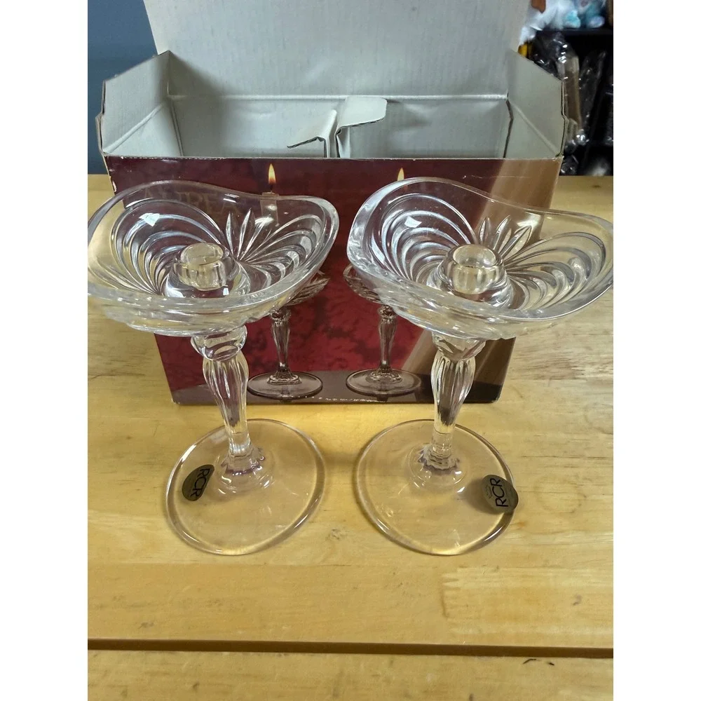 RCR Royal Crystal Rock Aurea Lead Crystal Candle Holders Set of 2 Italy 5in